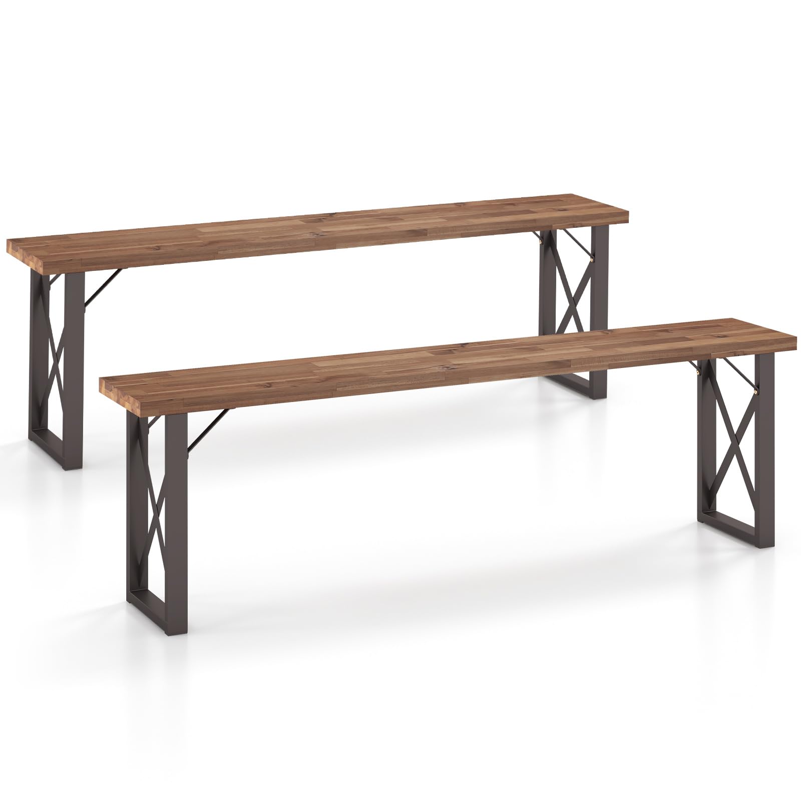 Tangkula Lot de 2 bancs d'extérieur en bois d'acacia, banc de patio de 150 cm avec cadre en métal, charge maximale de 360 kg